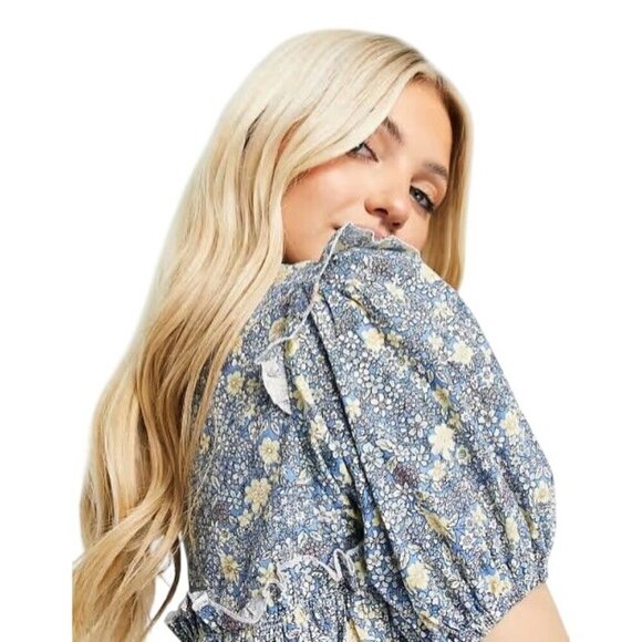 ASOS QED London Cotton Poplin Puff Sleeve Prarie Dress Blue Floral Women 8 NWT - Picture 2 of 14